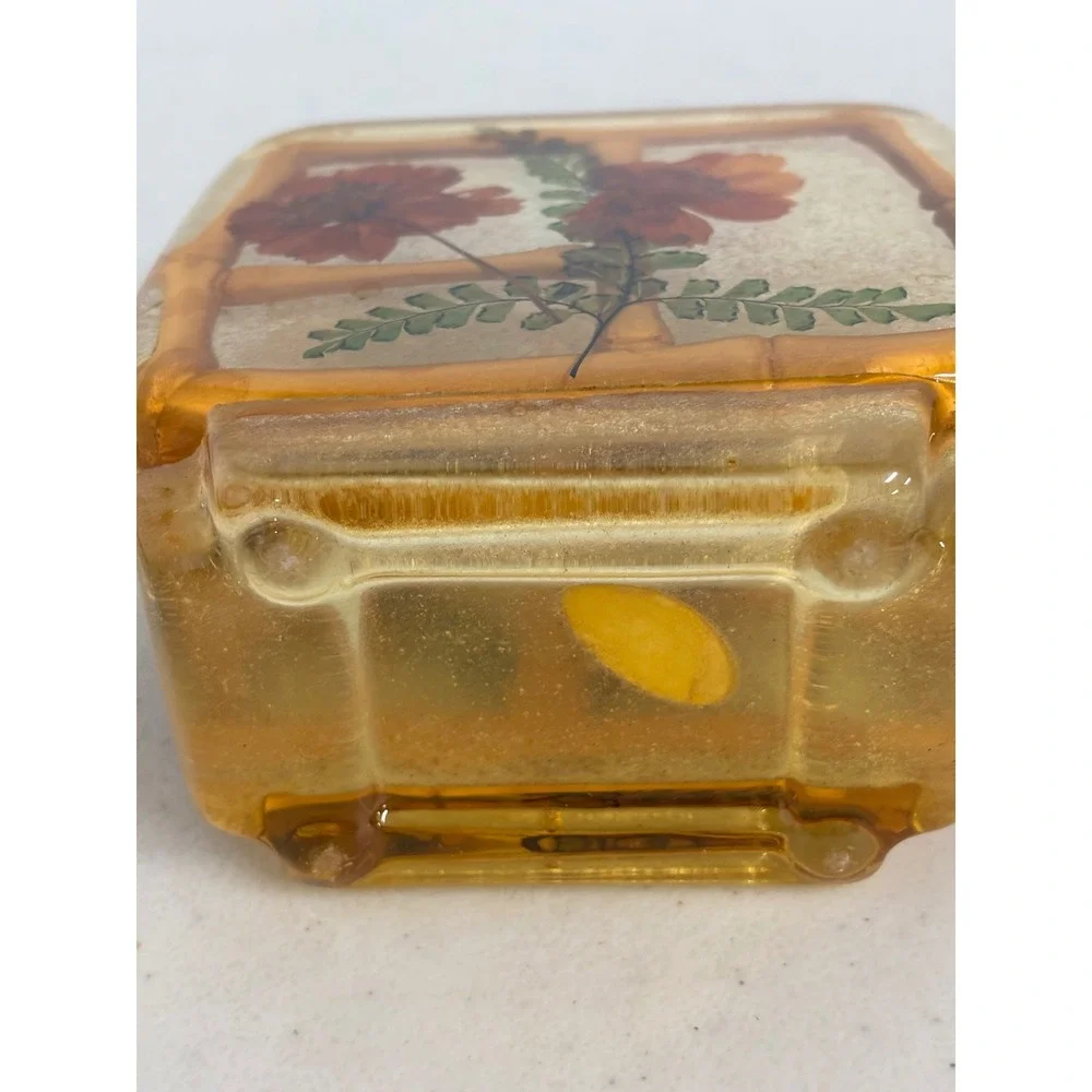 Vintage Gamut Designs Lucite Napkin Holder Amber Dried‎ Flower Bamboo 70s USA
